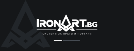 Банер на IronArt.bg – системи за врати и портали, с бяло лого и емблема на марката върху тъмен фон.